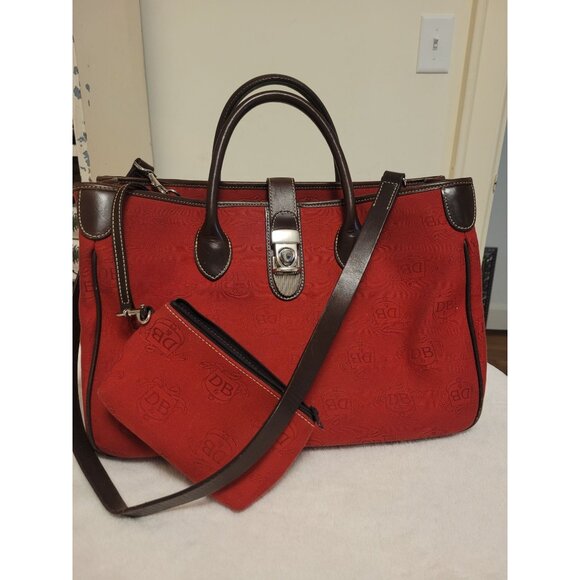 Dooney & Bourke Handbags - Dooney & Bourke Red Canvas Leather Satchel Tote Bag Matching Pouch Classic Prep